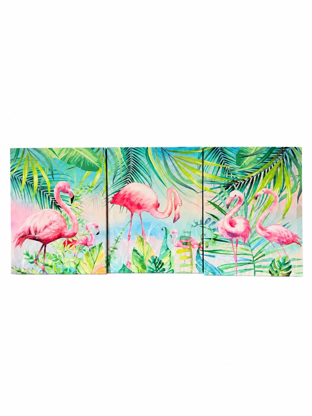 Pink Flamingo Tropical Canvas Wall Art Set of 3 Palm Leaves Triptych 12x16 New